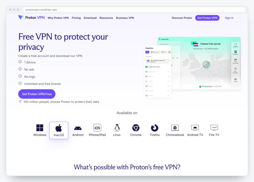 Proton VPN's free plan page: one device, no ads, no logs, unlimited and free