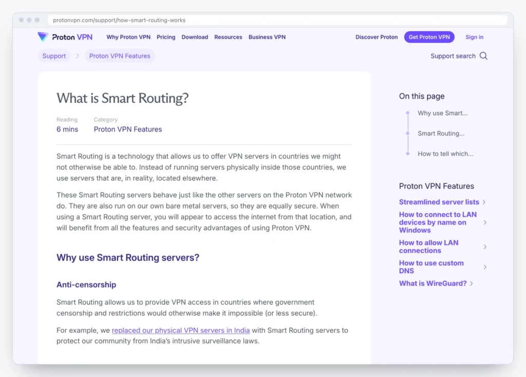 Proton VPN support page explaining Smart Routing servers that are physically in another country