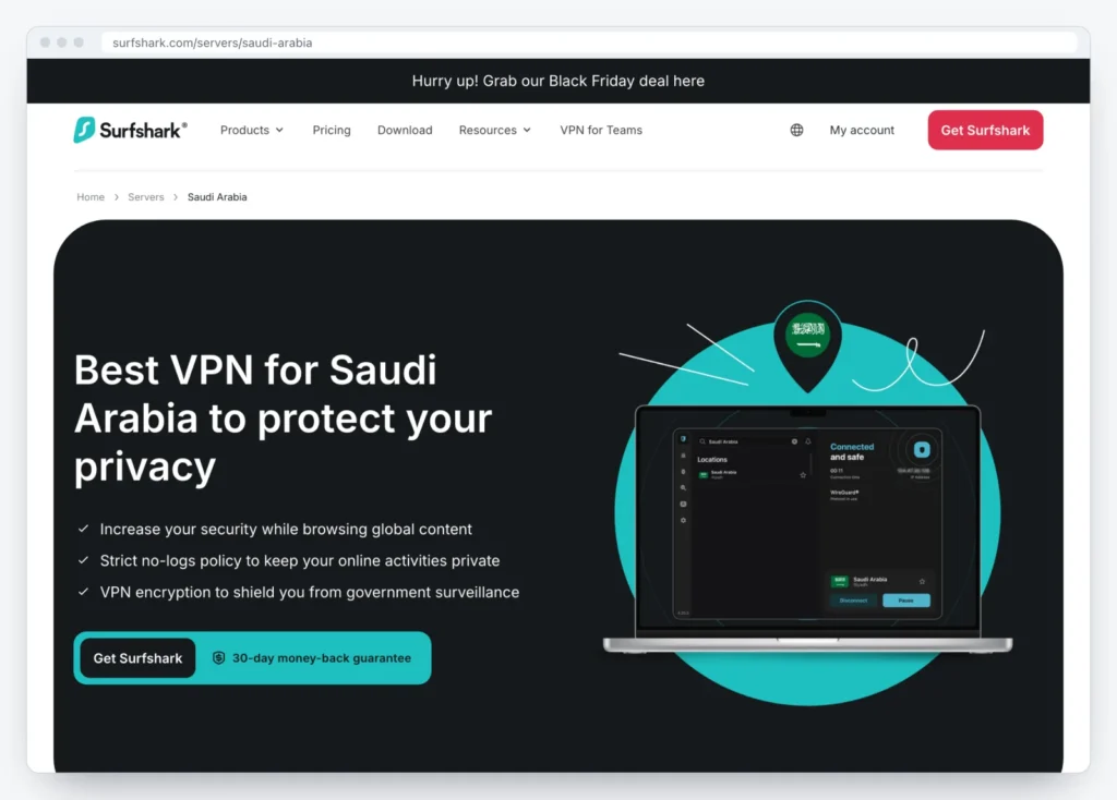 Surfshark's official Saudi Arabia server page
