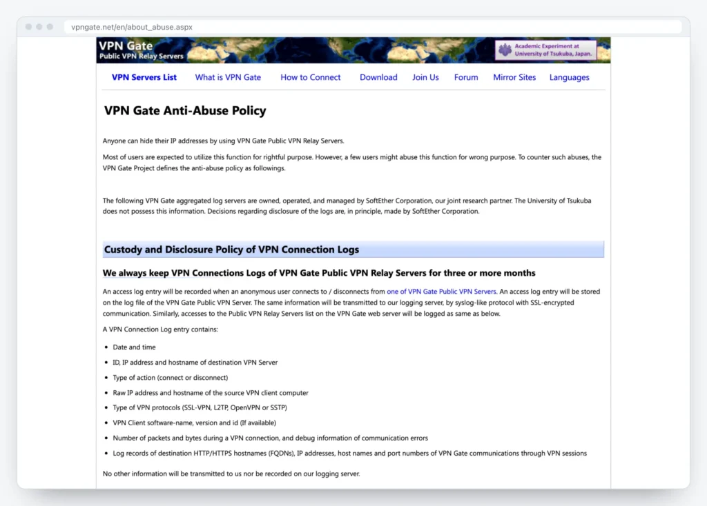 VPN Gate's anti-abuse policy saying it keeps connection logs for three months or more