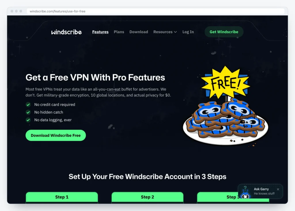 Windscribe's free plan page with 10 global locations